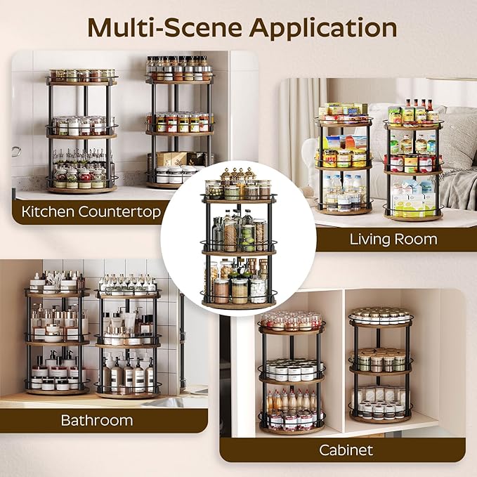 Spice Rack, Set of 2 Lazy Susan Organizer, 3-Tier Turntable Organizer For Cabinet, Compact and Versatile, for Kitchen Countertop, Rustic Brown SR23L2BR