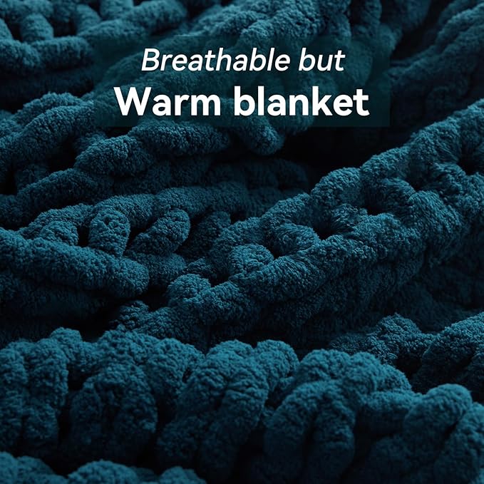 Chunky Knit Throw Blanket, 50''*60'' Knitted Throw Chenille Yarn for Bed Couch, Handmade Peacock Blue Crochet Big Thick Blanket, Machine Washable Cute Comfy Blanket for Home Decor