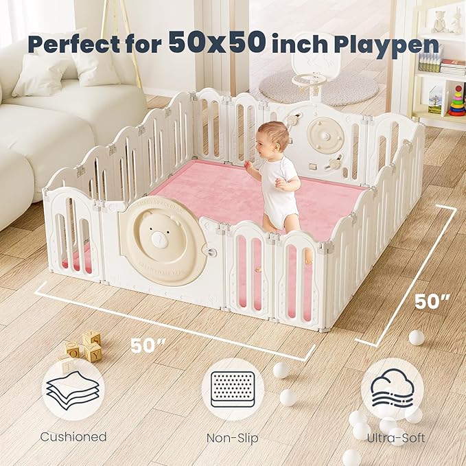 ACOMOPACK Baby Play Mat for Floor 1.3" Thick Memory Foam 50x50 Soft Velvet Playpen Mat for Kids,Infants,Toddlers,Tummy Time Crawling Mats with Non-Slip Bottom,Yoga,Tatami,Nursery Rug(Pink)