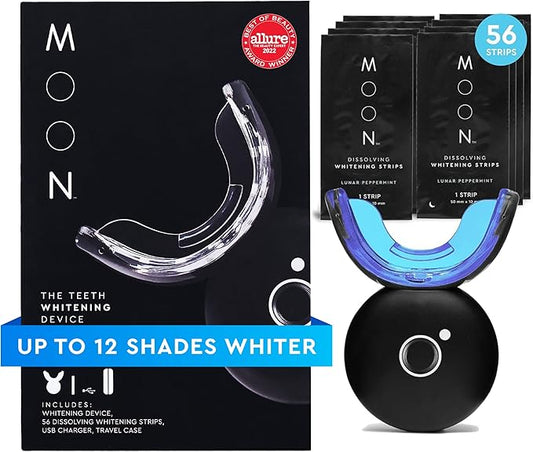 MOON LED Teeth Whitening Kit - Gentle Teeth Whitener Device, 56 White Strips, USB Charger & Travel Case - Blue Light Whitening Tray Removes Stains & Whitens Up to 12 Shades in 2 Weeks (4 Piece Kit)