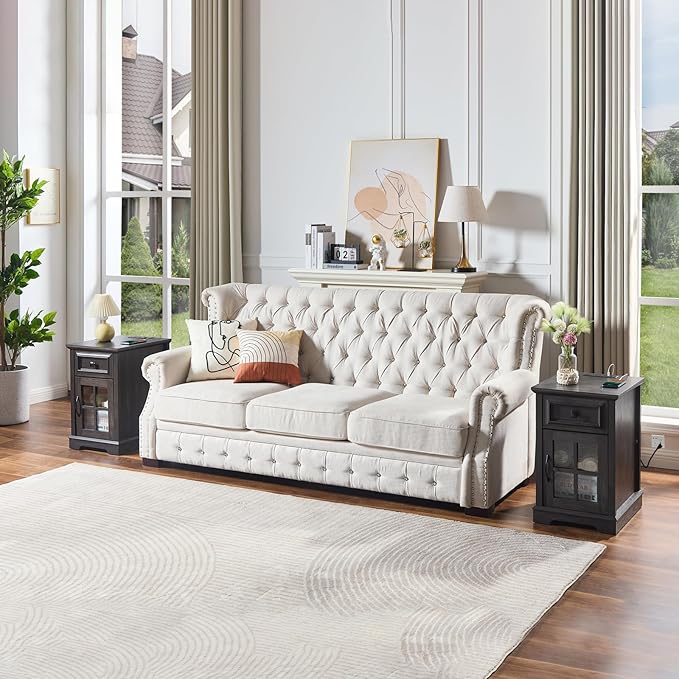 Farmhouse XXL End Table with Charging Station, Side Table with USB Ports and Outlets, Nightstand with Drawer and Glass Door Storage, Grey Bedside Tables for Living Room, Bedroom, Office