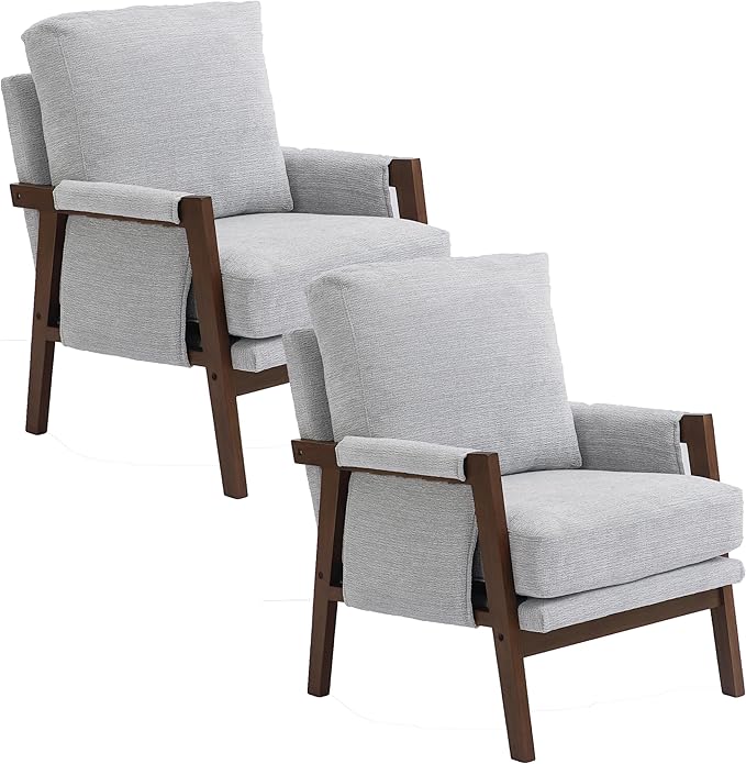 Modern Accent Chairs Set of 2 for Living Room Mid Century Arm Chairs Upholstered Bedroom Chairs Comfy Lounge Chairs with Solid Wood Frame, White