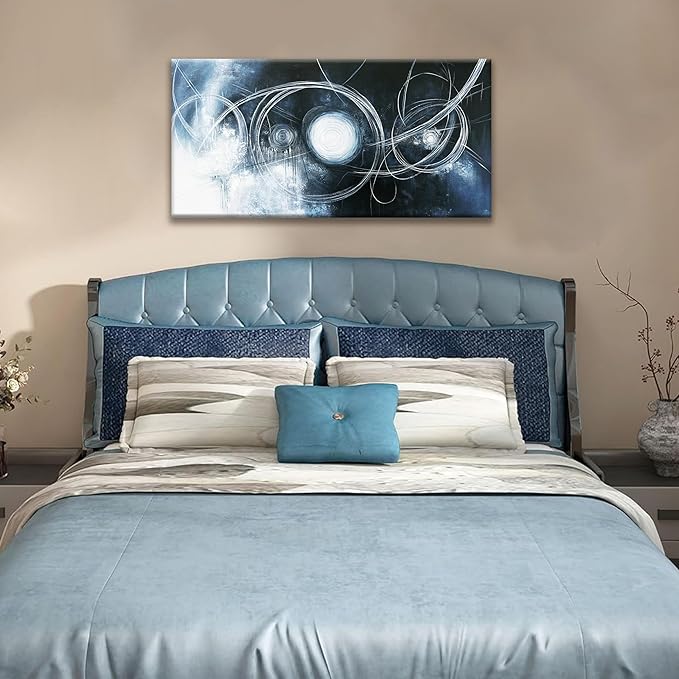 TAIJXAGSG Canvas Wall Art Decor Artwork Modern Paintings Dark Blue Wall Decorations Maximalist White Line Abstract Wall Art Prints For Wall Bedroom Kitchen Office Artwork Ready To Hang 20"×40"