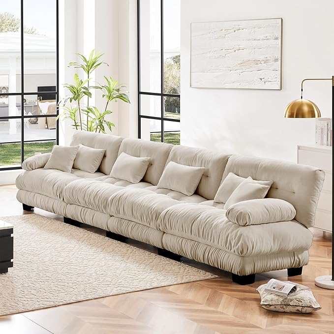 Modular Sectional Sofa Cloud Couch 4-Seater Deep Seat Sofa Couch, Oversized Couch Bed Sectional Couch with Round Bolster Armrests 6 Pillows, Modern Sofa Chair Comfy Couch