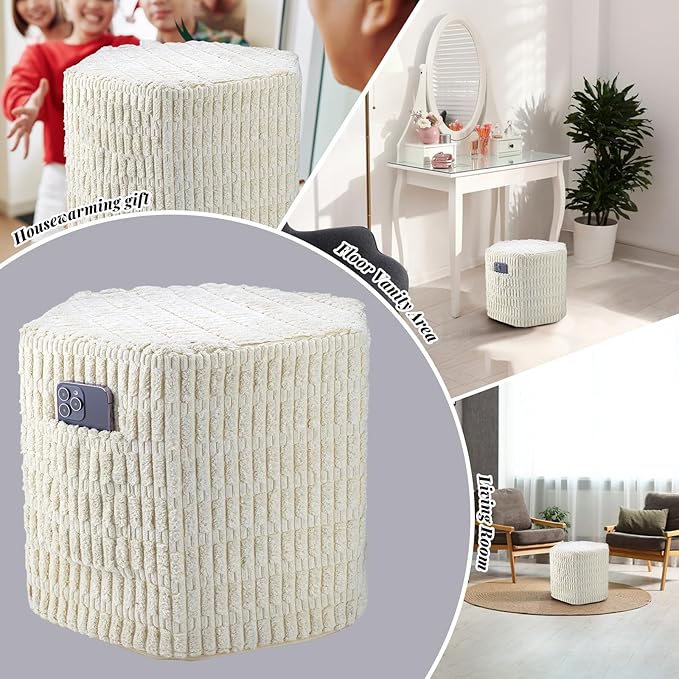 Hexagon Pouf Ottoman Stuffed with 2 Pockets & Handle, Comfort Corduroy Poufs, Non-Slip Foot Stool Storage Ottoman, Foam Floor Poufs Foot Rest for Couch, Bedroom (Beige)