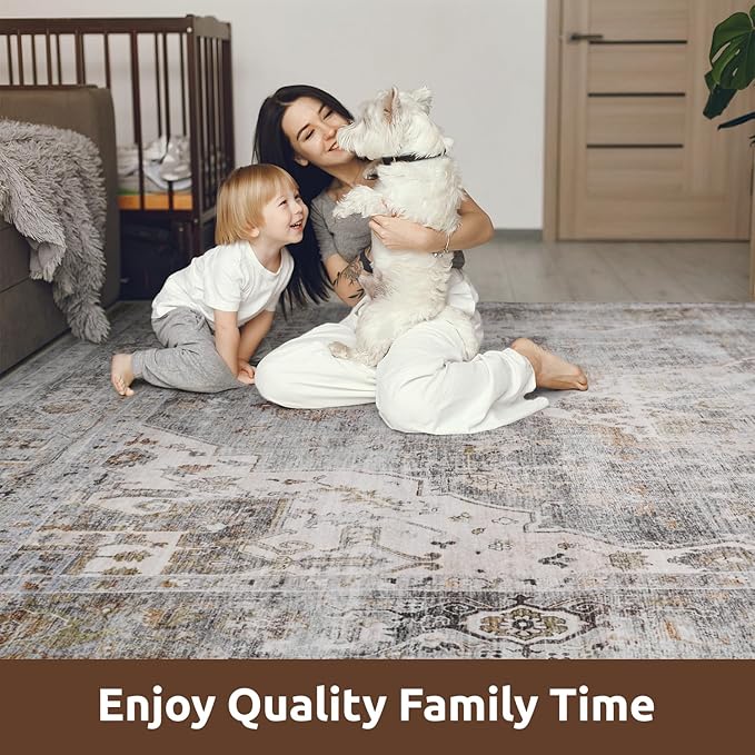 AMOAMI-4X6 Area Rugs for Living Room -Soft Vintage Bedroom Rugs-Non Slip Washable Rug-Throw for Living Room Bedroom Bedside Dining Room Office Grey
