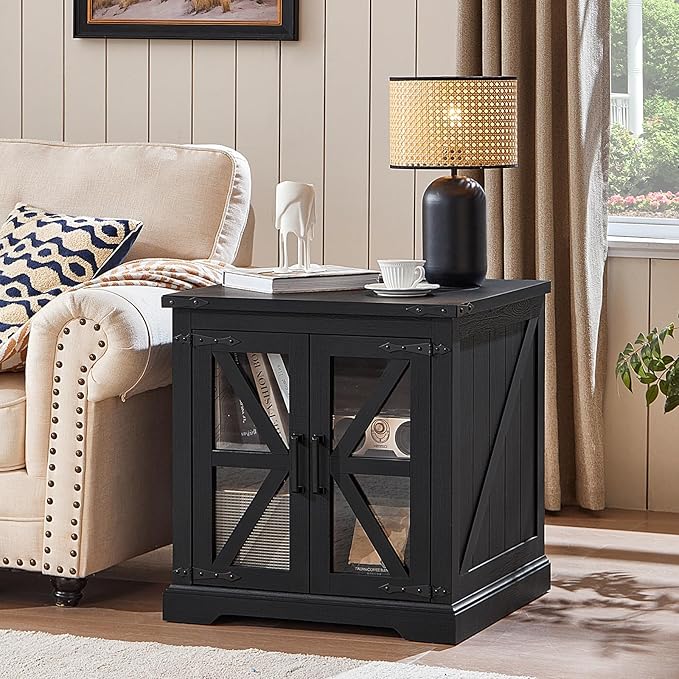 24" End Table Set of 2 with Charging Station, Farmhouse Night Stand with Glass Barn Door, Nightstands with Adjustable Storage Shelf, Large Wood Square Bed Side Table for Living Room,Bedroom
