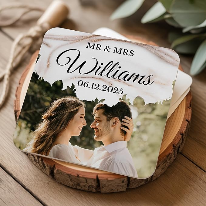 60 Pack Personalized Wedding Coasters, Custom Cardboard Coasters for Drinks with Photo Print and Text, Keepsake Wedding Favors and Gifts for Couples, 4x4 Square, Design 6