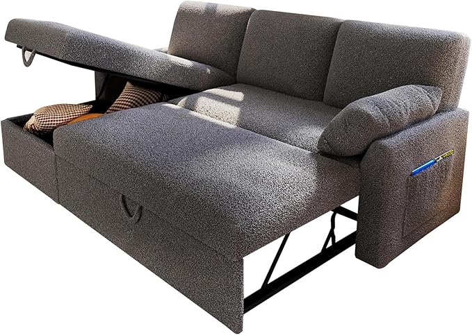 VanAcc Sofa Bed, Sleeper Sofa with Storage Chaise- 2 in 1 Pull Out Couch Living Room, Comfy Sleeper Couch, Grey Boucle