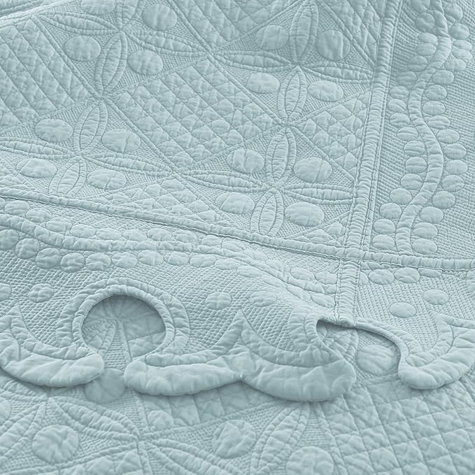 MarCielo 3-Piece 100% Cotton Oversized Bedspread Lightweight Quilt Coverlet Embroidery Farmhouse Bedding Set (TW Mint Green Blue, Oversized Queen (100"x106"))