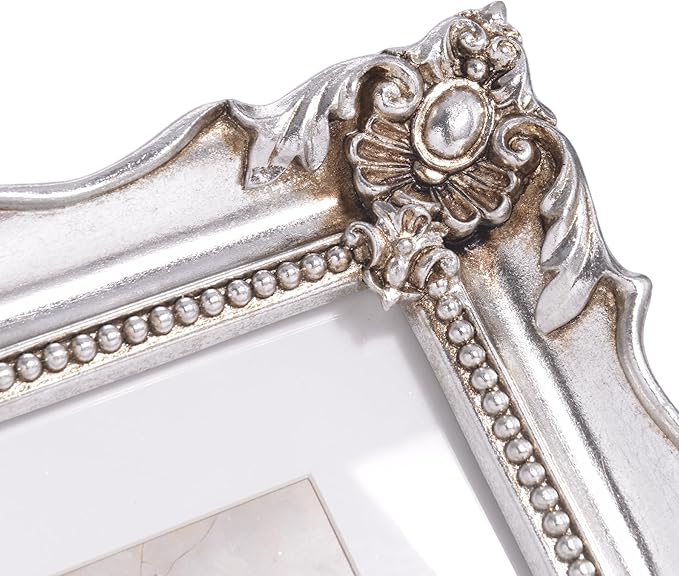 8x10 Vintage Picture Frame with Embossed Flower Design, Silver Ornate Frame for 8x10 or 5x7 Pictures with White Mat, Hand-Crafted Resin Antique Frames for Tabletop & Wall Hanging, Home Decor (Silver)