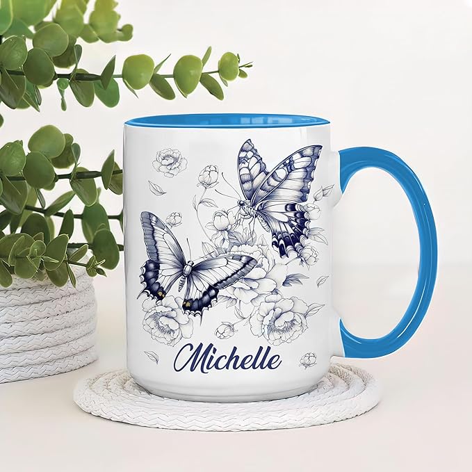 Hyturtle Personalized Blue Butterfly Mug - Butterfly Gifts For Women Lovers - Animal Gift For Bird Lover Her - Bird Gifts For Mom on Mother Day - Custom Name Coffee Cup Ceramic Mug 11 Oz 15 Oz