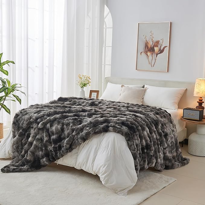 Lotus Karen Faux Fur Blanket Tie-Dye Dark Gray Twin Size - Big Bubble Rabbit Fluff Throw for Couch Small Fluffy Fuzzy Cozy Thick Furry Plush Shaggy Blankets 108x90 Inches