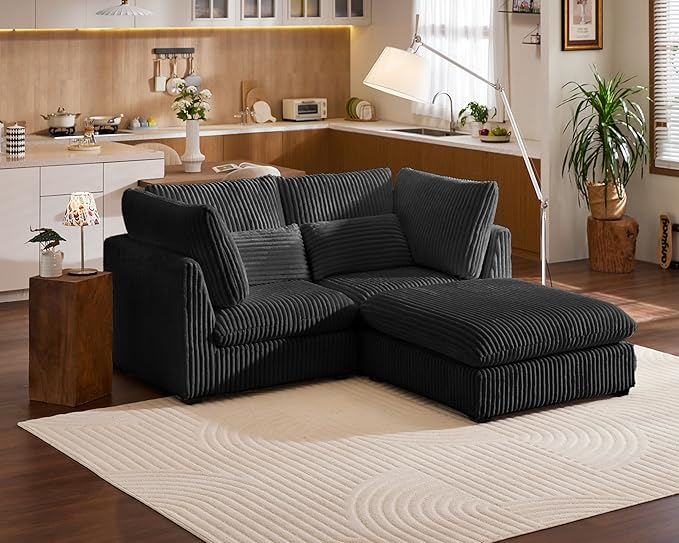 Oversized Modular Sofa, Extra Deep Cloud Corduroy Sectional Couch with Ottoman Chaise, Fluffy Chenille Loveseat L Sofa for Living Room, Villa (Loveseat+Ottoman, Corduroy Black)