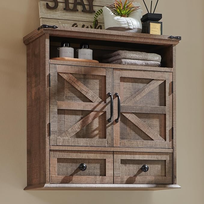 Bathroom Wall Cabinet, Farmhouse 24" Wide Medicine Cabinet with Drawer, Adjustable Shelf, Double Barn Doors, Storage Cabinets for Bathroom, Kitchen, Living Room, Rustic Brown