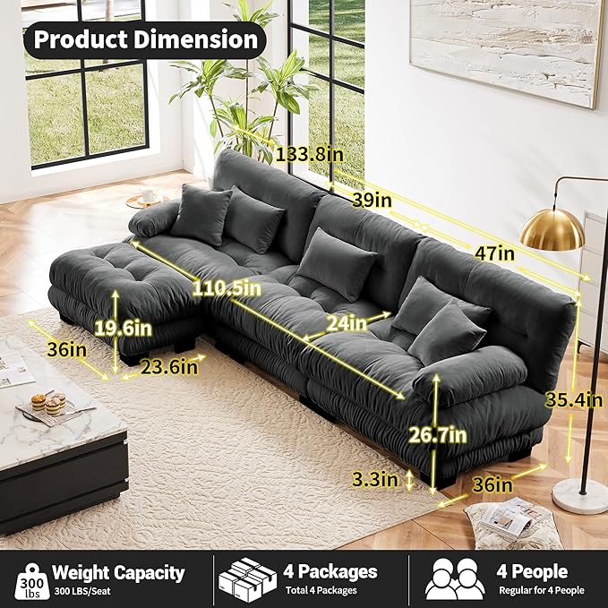 L Shaped Couch Sectional Couch, 3-Seater Cloud Couch Sectional Oversized Couch, Sofa Bed Couch with Round Bolster Armrests 5 Pillows, Modular Couch Home Sofa Living Room Couch(Gray)