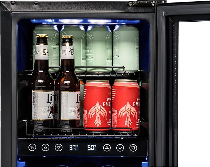 Newair 15" Wine and Beverage Refrigerator 9 Bottle and 48 Can Capacity, Beverage Cooler in Stainless Steel, Built-in or Freestanding Dual Zone Drink Fridge with Triple-Pane Glass Door
