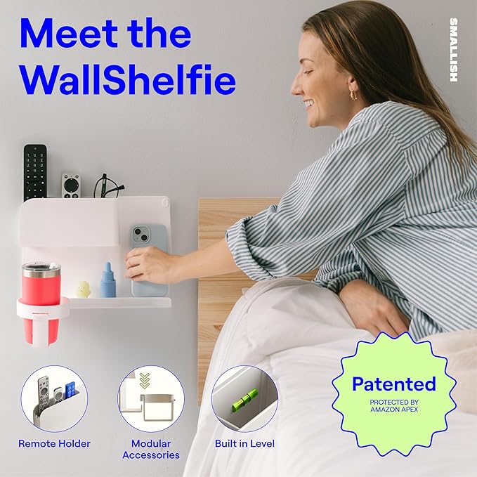 WallShelfie Bedside Wall Organizer - Room Decor, Dorm Room Essential, Floating Bedside Shelf Wall Mount, Makeup Organizer, Remote Control Holder, Room Accessories, Floating Shelves (White)