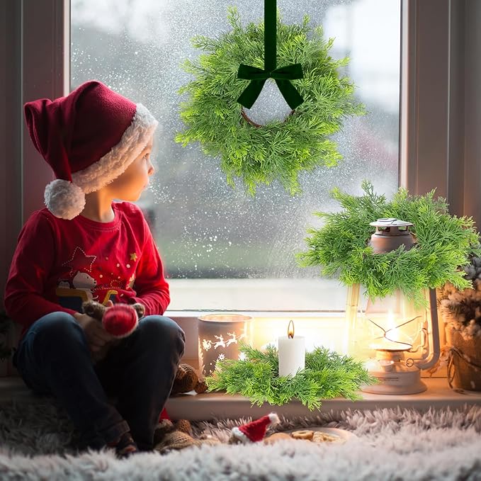 6 PCS Mini Christmas Wreaths for Kitchen Cabinets Artificial Green Norfolk Cedar Wreaths with Bow for Christmas Decorations Window Door Fireplace Chairs Wall Staircase Indoor Outdoor Home Decor