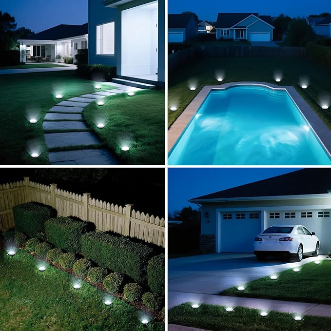 Mini Outdoor Solar Lights,4 Pqck Solar Garden Lights for Outside IP65 Waterproof, 8 LED Disc Landscape Lighting for Garden Yard Driveway Walkway Poolside Deck Lawn Patio,Cold White
