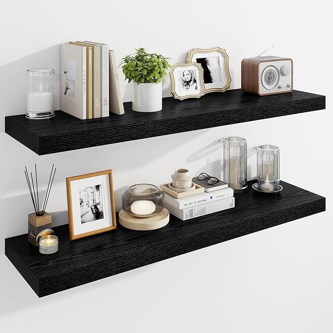 Marsmiles 39" Floating Shelves for Wall, Wooden Shelves with Invisible Brackets Set of 2, Rustic Farmhouse Wall Mounted Shelf for Kitchen Bathroom Living Room Study, Black