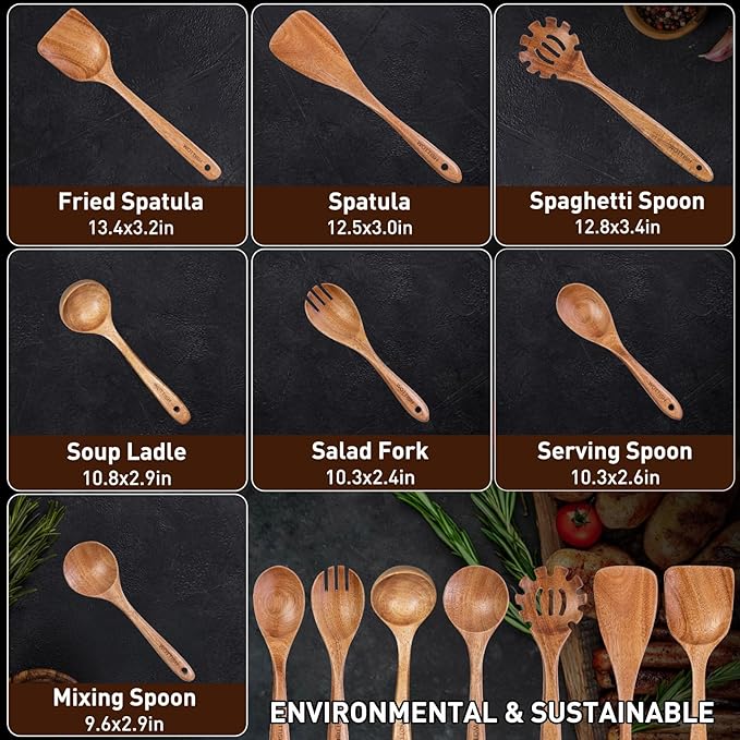 Wooden Utensil Set,WOTTISH 7Pcs Nonstick Wood Spatula,Wooden Kitchen Utensils Set Non Toxic,Wooden Spoons for Cooking(A07)