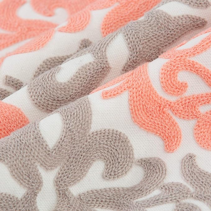 HWY 50 Coral Pink Decorative Throw Pillow Covers 18x18 Inch (1 Piece), Embroidered Cotton Farmhouse Cushion Cover Pillow Case for Sofa Couch Living Room Bed Bedroon, Floral Geometric