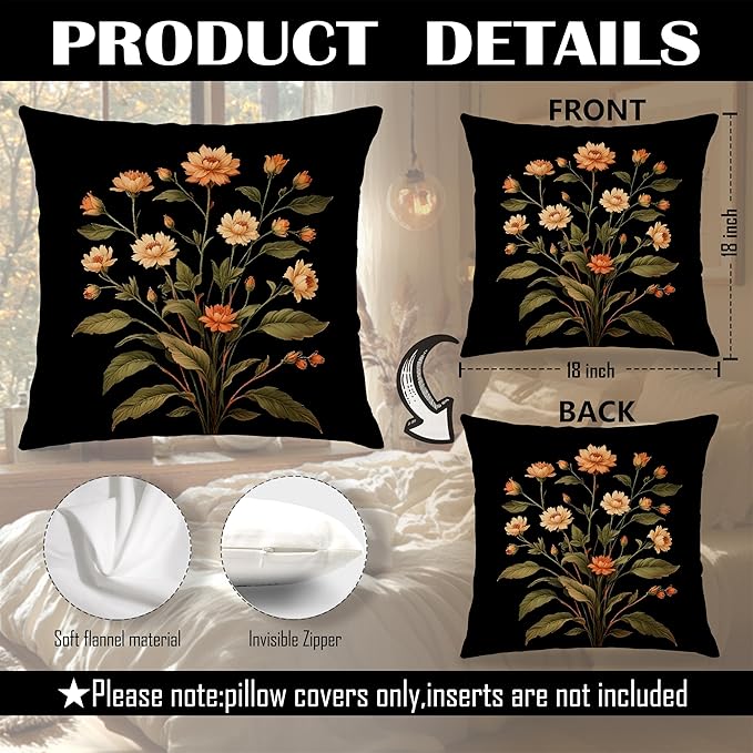 William Morris Inspire Vintage Floral Pillow Covers 18x18 Set of 2, Floral Room Decor, Dark Cottagecore Rustic Wildflower Botanical Decorative Throw Pillow Covers for Home Bedroom Living Room