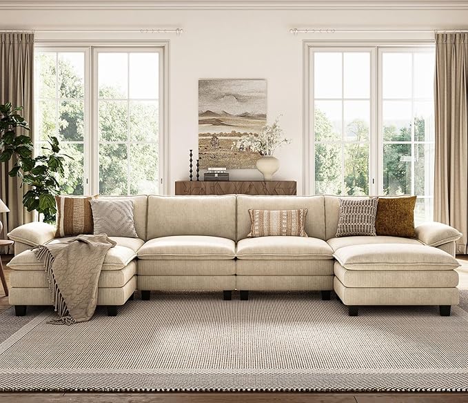 LINSY HOME Modular Sectional Sofa - 157'' Comfy Corduroy Cloud Sofa Oversized U Shaped Couch with Movable Ottoman, Soft Modern Sofa for Living Room Apartment, Beige