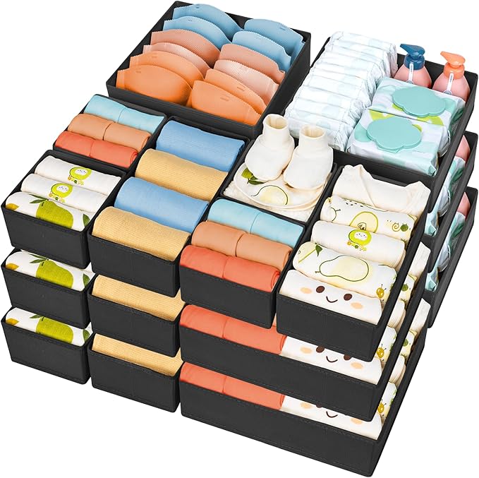 DIMJ Drawer Organizer 15 Pack - Foldable Baby Organizers and Storage & Dresser Organizer for Nursery, Bedroom, Closet - Nursery Organization Dresser Dividers for underwear, Sock,Bra, Belt, Tie,Black