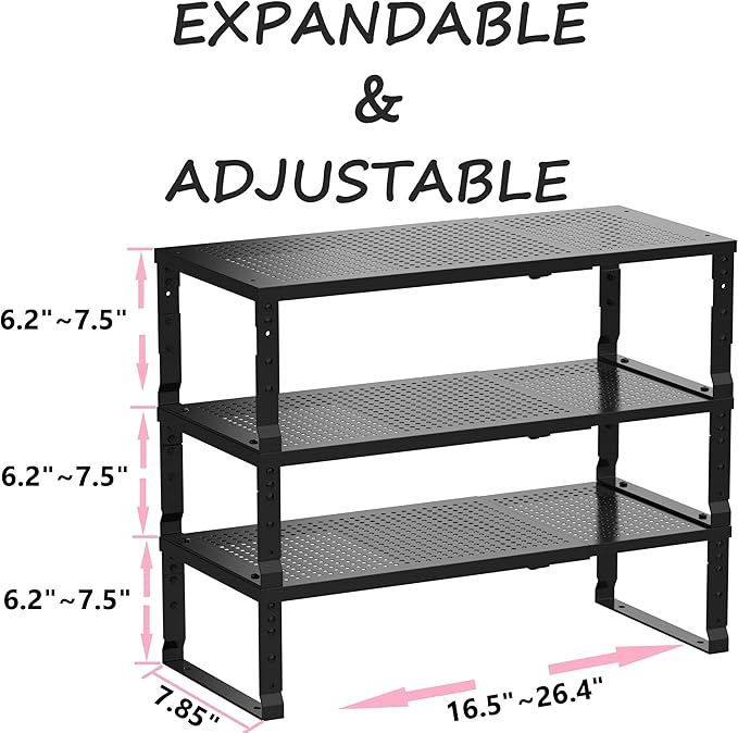 Metal Stackable Expandable Storage Shelf - Multi-Functional Home Storage Shelf, Suitable for Kitchen, Cabinet,Bathroom, Office, Garage, etc.(3PACKS/Black/Medium