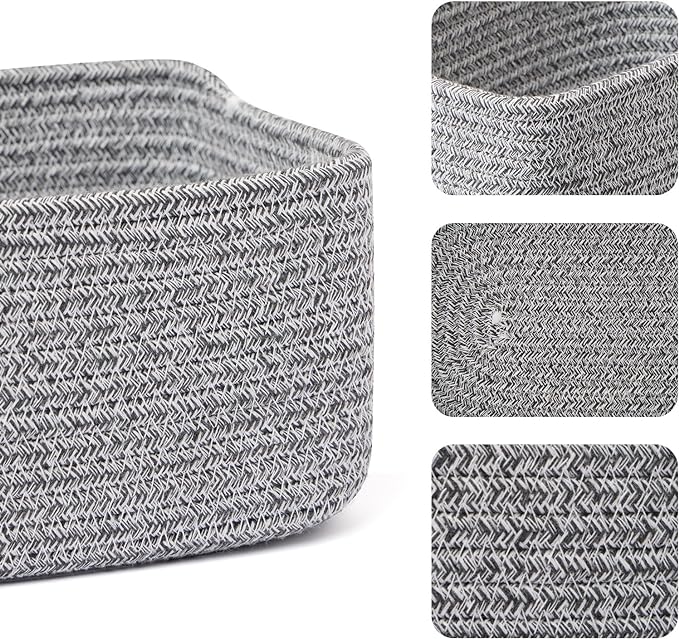 Small Storage Baskets for Organizing | Closet Organizer Bins | Shelf Toy Basket | Woven Rope Baskets | Cube Decorative Box | Shallow Basket | 11.5x7.5x4.7” | 3 Packs Mixed Grey