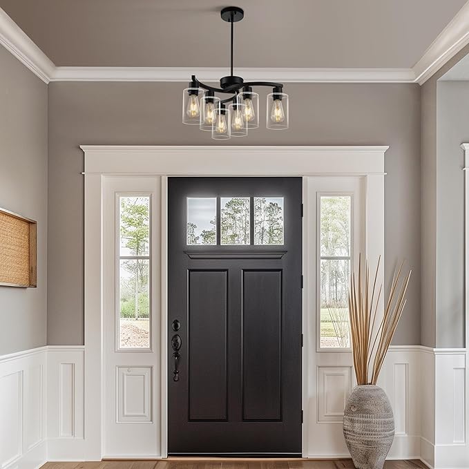 6 Light Modern Farmhouse Chandelier,Black Dining Room Light Fixture,Kitchen Pendant Lights Over Island with Glass Shade