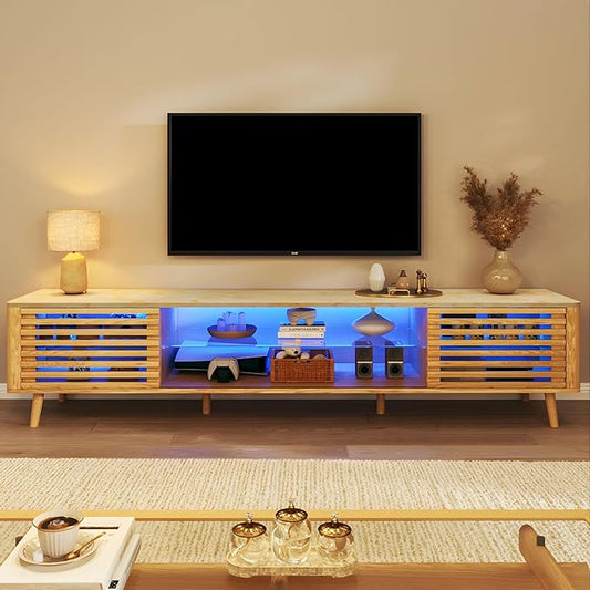 70" Mid Century Modern TV Stand for 55/65/75 Inch TV, Faux Marble Top Entertainment Center with Slatied Sliding Door & LED Lights, Low TV Console with Glass Shelves for Bedroom, Living Room