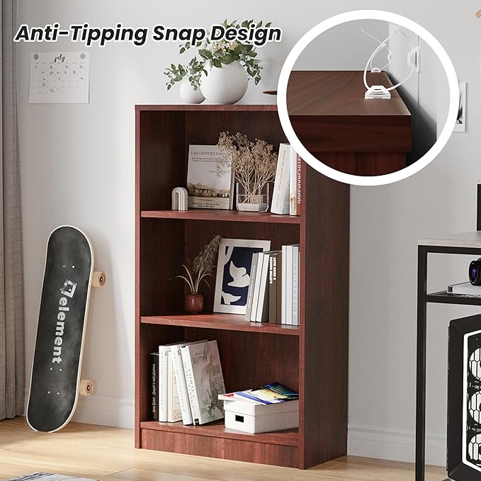 Bookshelf, Open Modern Bookshelf, 3 Shelf Bookcase with Freestanding Display Storage, Wooden Book Shelf for Bedroom, Living Room, Dinning Room, Office, Brown