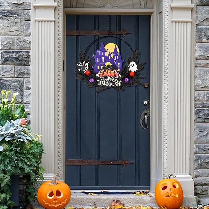 Lighted Halloween Wreaths for Front Door, Welcome Metal Wooden Door Wreath Decor Hanging Sign, 30 LED Lighted Wall Decor Battery Operated for Halloween Indoor Outdoor (Spider)