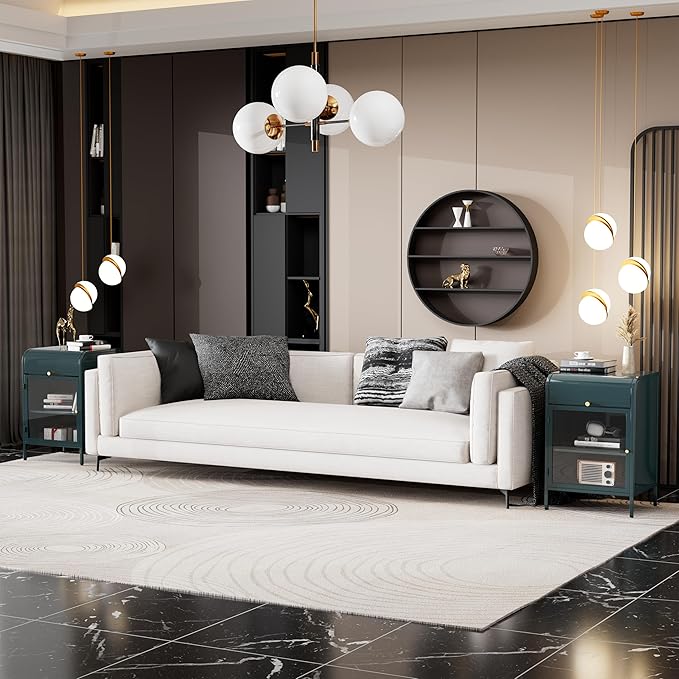 Modern Metal Side Tables Set of 2, End Tables with Glass Door, 2-Tier Nightstands with Storage Shelves, Accent Table, Slim Sofa Table for Living Room, Bedroom (Green)