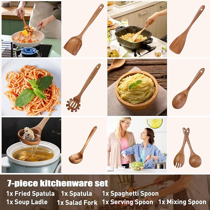 Wooden Utensil Set,WOTTISH 7Pcs Nonstick Wood Spatula,Wooden Kitchen Utensils Set Non Toxic,Wooden Spoons for Cooking(A07)
