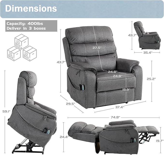 Power Lift Recliner Chair for Adults Elderly Lay Flat Velvet Recliners with Massage Heating, Extended Footrest, Wireless Charging Device, USB Ports, Cup Holder, Lumbar Pillow