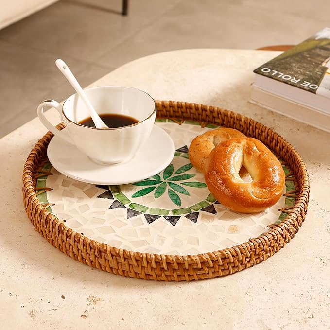 Round Rattan Tray with Mother of Pearl Inlay & Wooden Base - Decorative Wicker Serving Tray for Coffee/Bread/Fruits, Food Storage & Display - Multipurpose Home Decor (M,Bohemia)