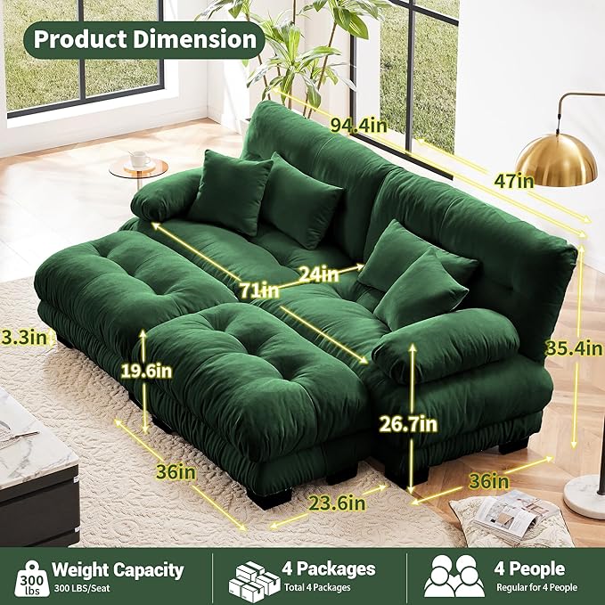 Modular Sectional Sofa, Cloud Couch U Shaped Sectional Couches for Living Room, Green Couch Oversized Loveseat with Movable Ottoman, Modern Deep Seat Sofa with Throw Pillows, Chenille