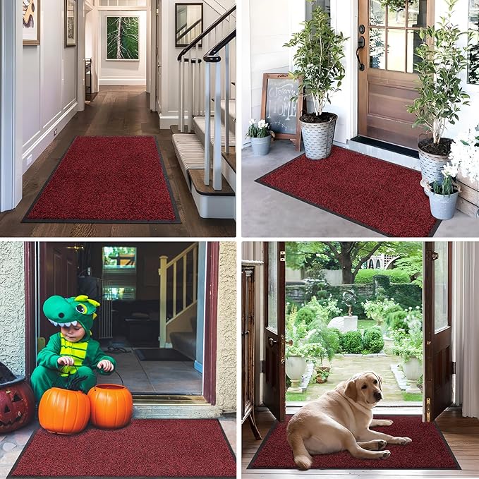 Mibao Front Door Mat, Dirt Trapper Welcome Mat for Outdoor Indoor, Non-Slip Waterproof Doormat, Durable Machine Washable Low Profile Entry Rug for Back Door Outside Patio Porch, 60" x 36", Red