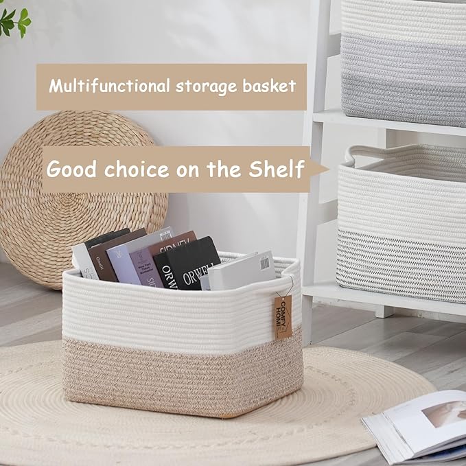 COMFY-HOMI Cotton Rope Woven Basket with Handles for Shelves,Toys,Book, Cloth Storage Baskets for Organizing-13.5" x 11" x 9.5" Toy Decorative Organizer for Living Room, Bathroom (White/Brown)
