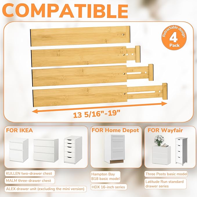 BAMEOS Drawer Divider,Expandable Bamboo Separators Adjustable Utensil Knife Fork Tool Kitchen Organizer, Clothes Fabric Drawer Organizer In Bathroom Bedroom Office, Cabinet Dresser Organizer 4-pack