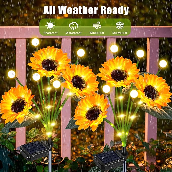 TEDOF Solar Sunflowers & Firefly Lights Solar Outdoor Waterproof - All Weather Sway Lights for Gardens Gifts for Women,Sunflower Decorations for Patio Yard Lawn