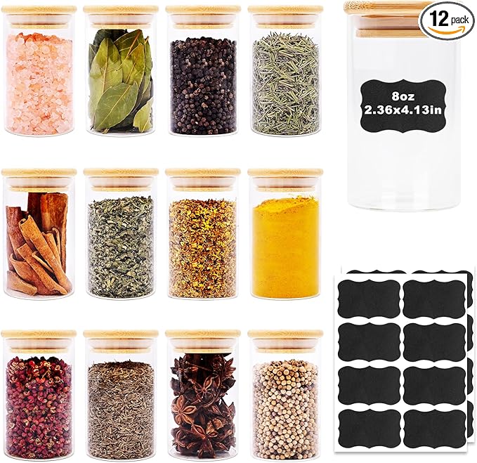 8oz Glass Food Storage Jars, Glass Jars with Bamboo Lids, Kitchen Storage Jars, Set of 12, Canisters with Airtight Lids for Spice, Coffee, Cookie, Pantry Organizers
