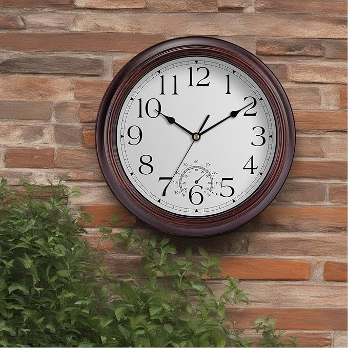 12 Inch Outdoor Wall Clock with Thermometers, Vintage Silent Wall Clocks Battery Operated, Retro Non-Ticking Clock Decorative for Living Room, Patio, Kitchen, Office, Bathroom, Bedroom(Bronze)