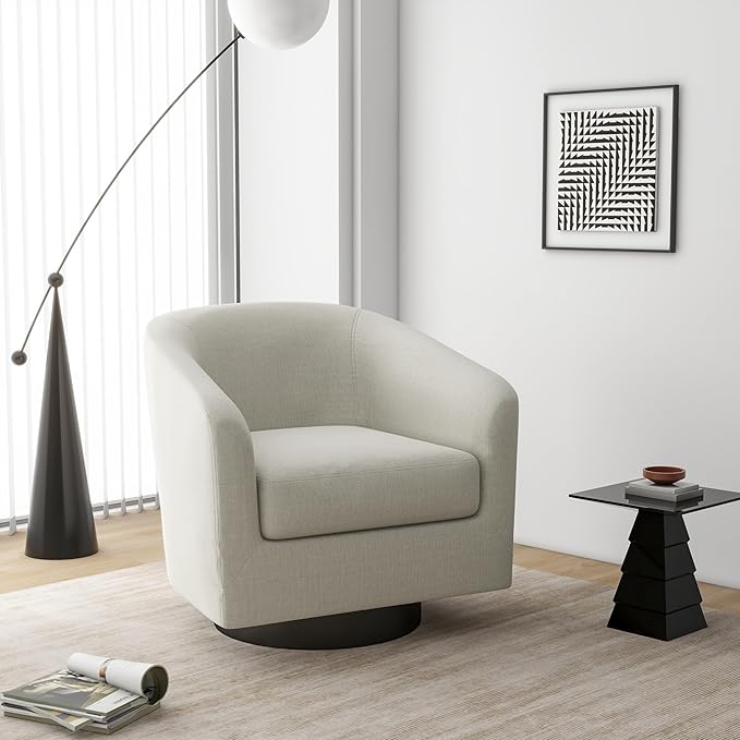 Swivel Barrel Accent Chair, Modern Round Linen Arm Chair for Living Room, Bedroom, Comfy Club Reading Chairs for Adults(Linen Fabric, Beige, Set of 1