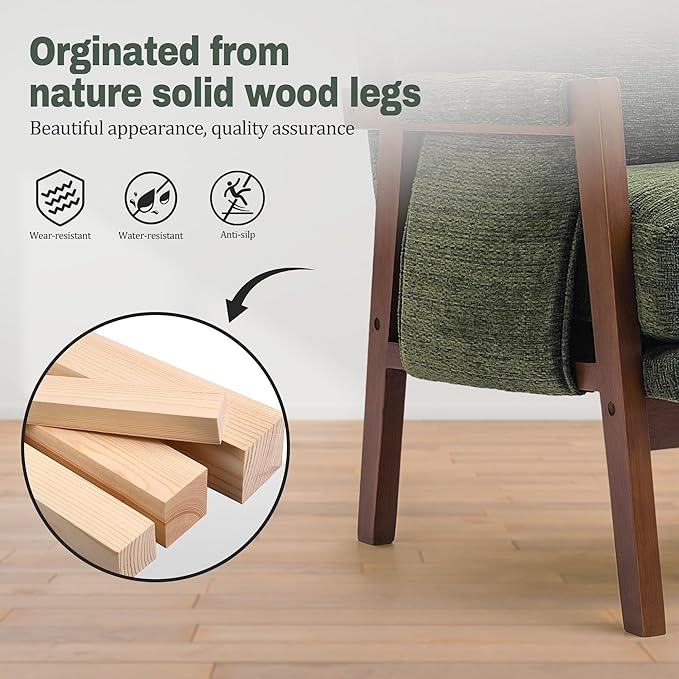 Modern Accent Chair for Living Room Mid Century Arm Chair Upholstered Bedroom Chair Comfy Lounge Chair with Solid Wood Frame, Green