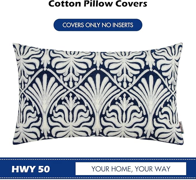 HWY 50 Navy Blue Decorative Lumbar Pillow Cover Rectangle 12x20 Inch (1 Piece), Embroidered Cotton Farmhouse Cushion Cover Pillow Case for Sofa Couch Living Room Bed, Minimalist Floral